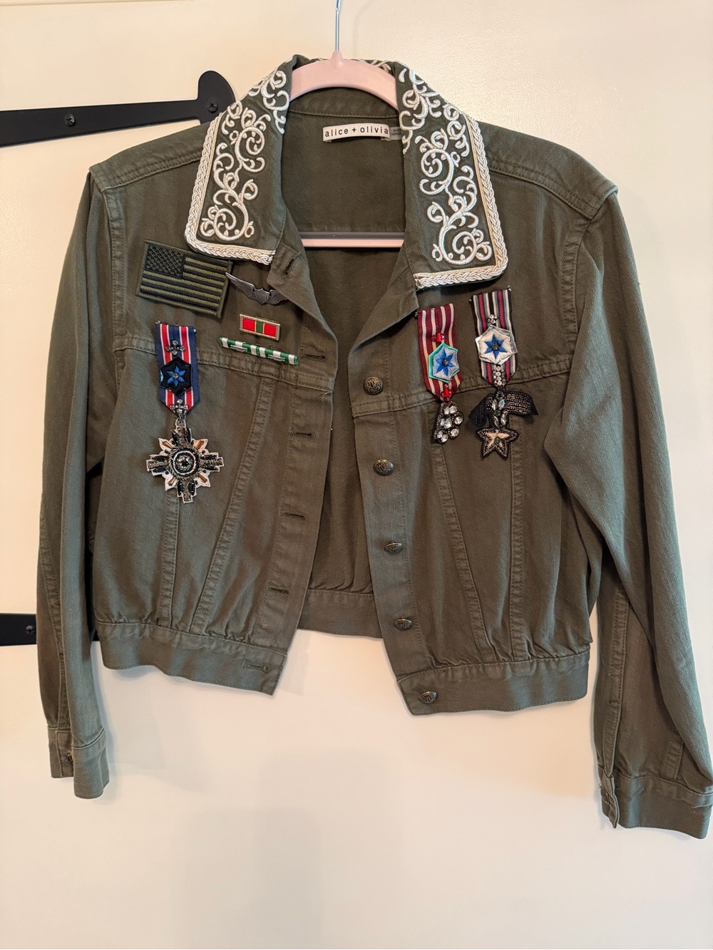 Alice + Olivia Olive Green Embellished Military Crop Jacket